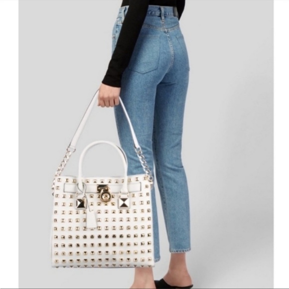 Michael Kors Hamilton Large Pyramid Studded Satchel Shoulder Bag Tote White - Picture 4 of 16